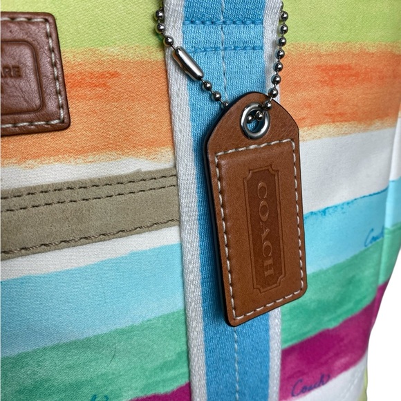 Coach Like New Hampton Leatherware Water Color Pastel Striped Canvas Tote - Picture 5 of 17